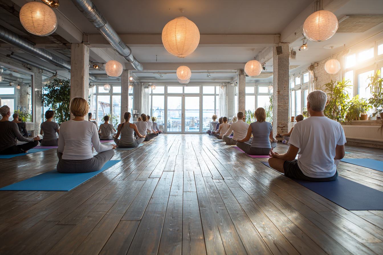 Досвідчений інструктор йоги проводить заняття для групи людей зрілого віку